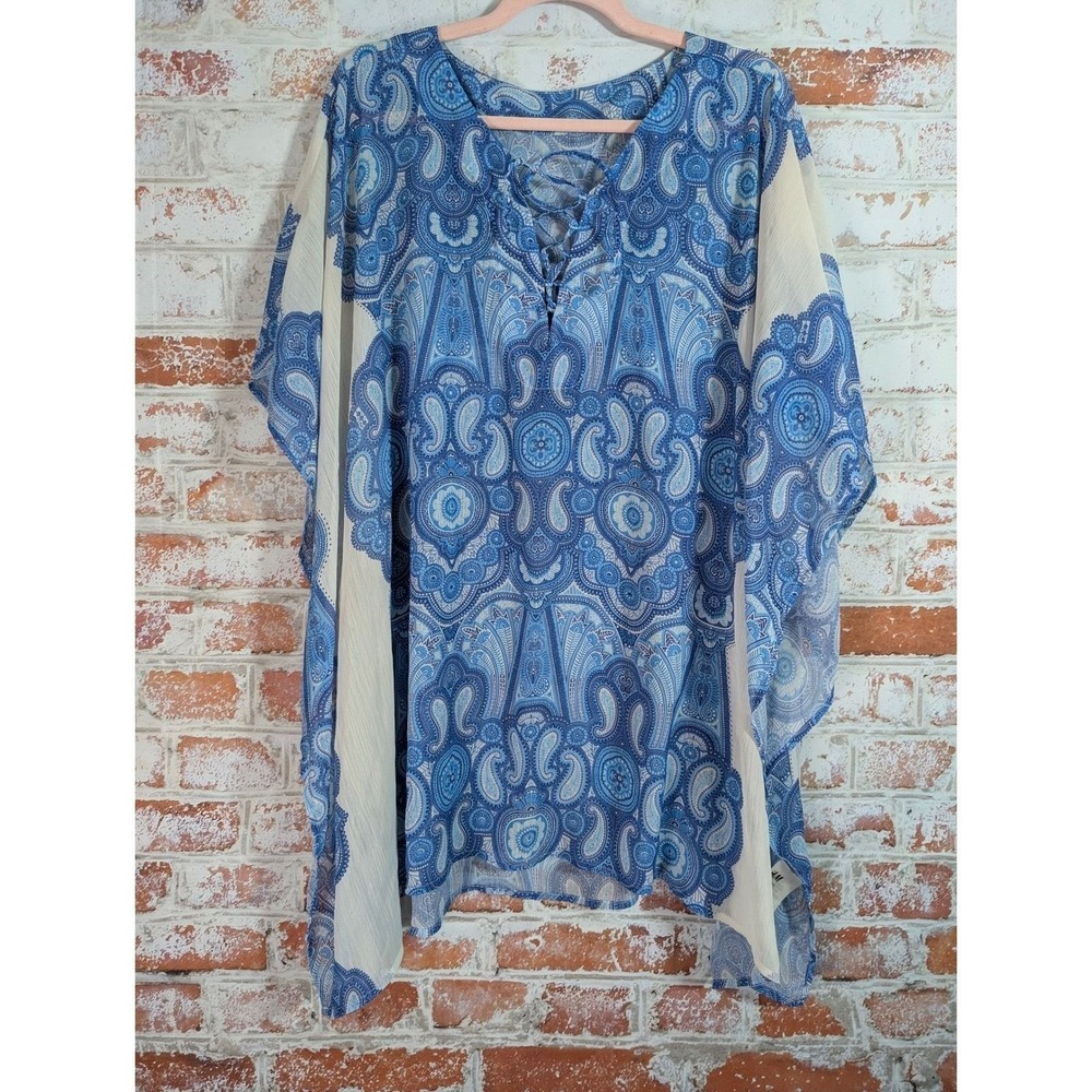 H&M Paisley Kaftan Top Womens XS Blue Lace Up Kimono Sleeve Boho Blouse